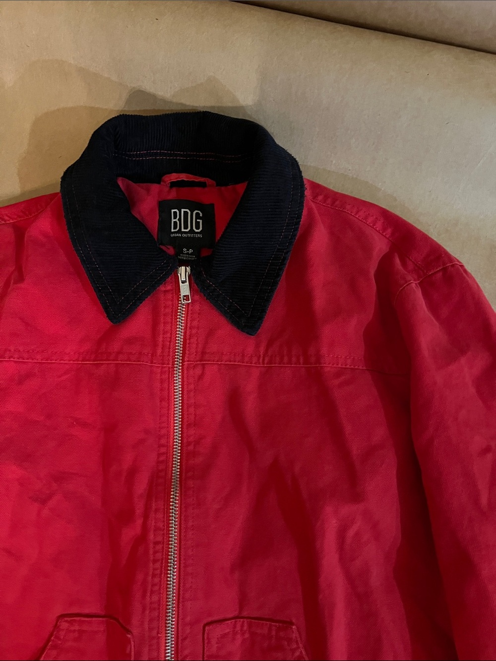 BDG Red Zip-Front Utility Jacket with Black Corduroy Collar and Cuffs - Picture 2 of 5